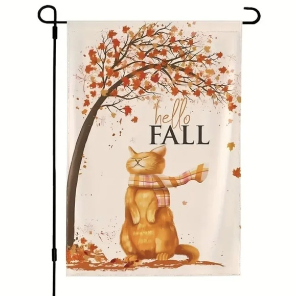 Hello fall, ginger cat with scarf, tree leaves blowing - Picture 1 of 3